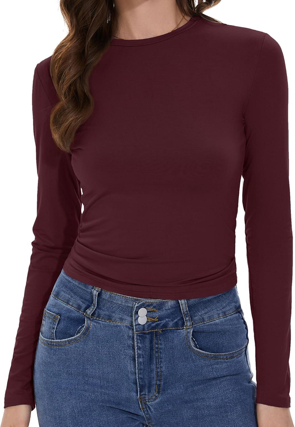 imageWomens Long Sleeve Shirts Basic Tees Y2k Slim Fit T Shirt Crew Neck Trendy Crop Top Casual02wine Red