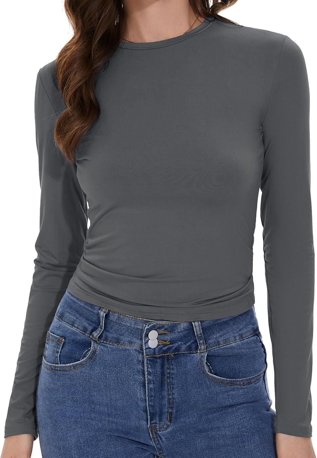 imageWomens Long Sleeve Shirts Basic Tees Y2k Slim Fit T Shirt Crew Neck Trendy Crop Top Casual03deep Grey