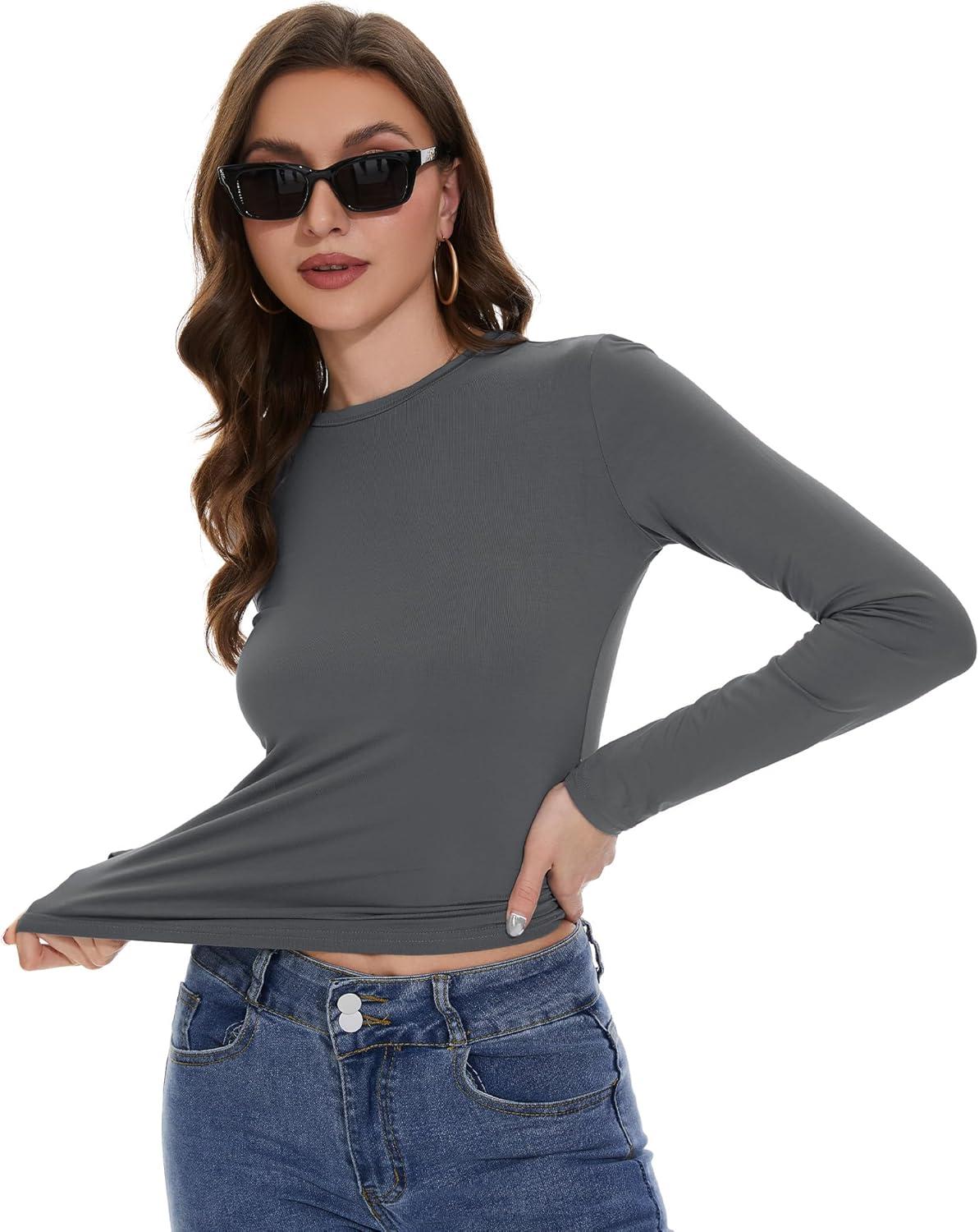 imageWomens Long Sleeve Shirts Basic Tees Y2k Slim Fit T Shirt Crew Neck Trendy Crop Top Casual03deep Grey