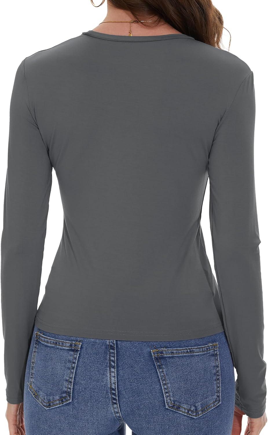 imageWomens Long Sleeve Shirts Basic Tees Y2k Slim Fit T Shirt Crew Neck Trendy Crop Top Casual03deep Grey