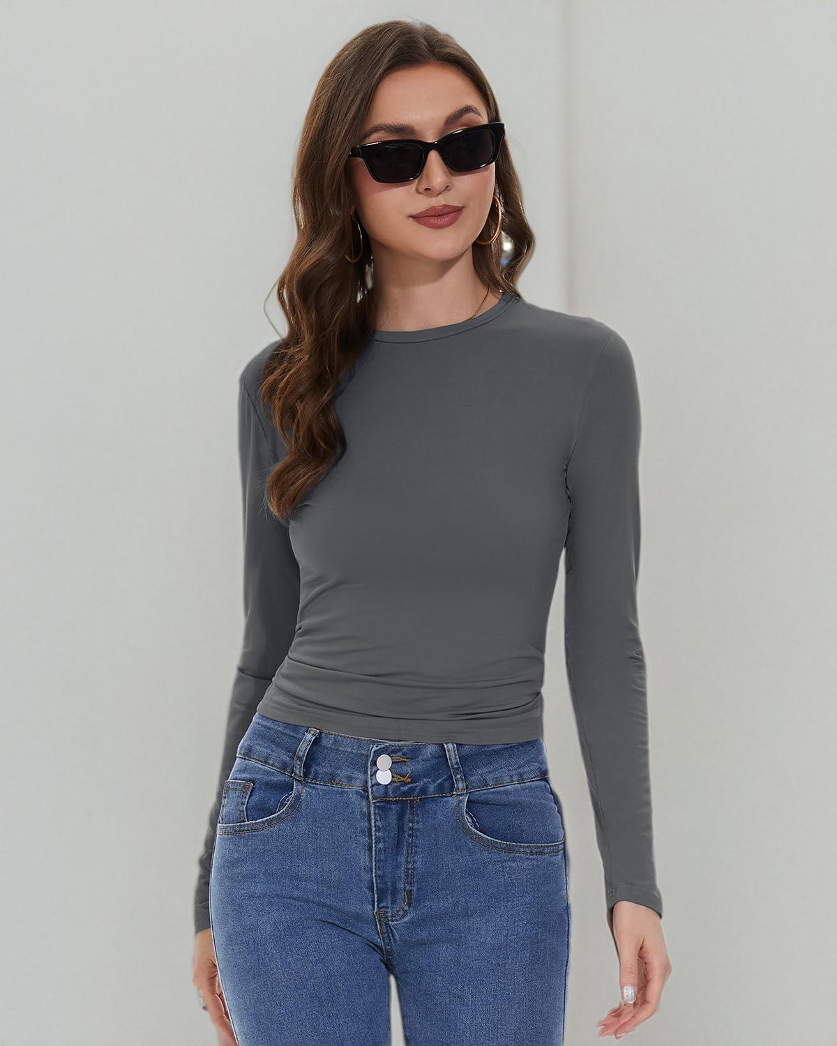 imageWomens Long Sleeve Shirts Basic Tees Y2k Slim Fit T Shirt Crew Neck Trendy Crop Top Casual03deep Grey