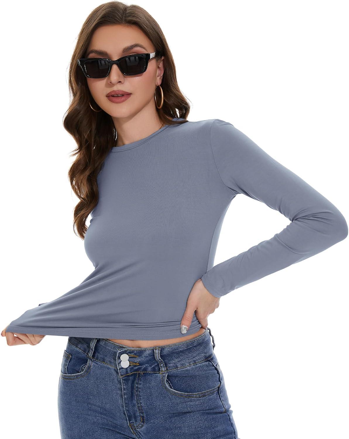 imageWomens Long Sleeve Shirts Basic Tees Y2k Slim Fit T Shirt Crew Neck Trendy Crop Top Casual03haze Blue
