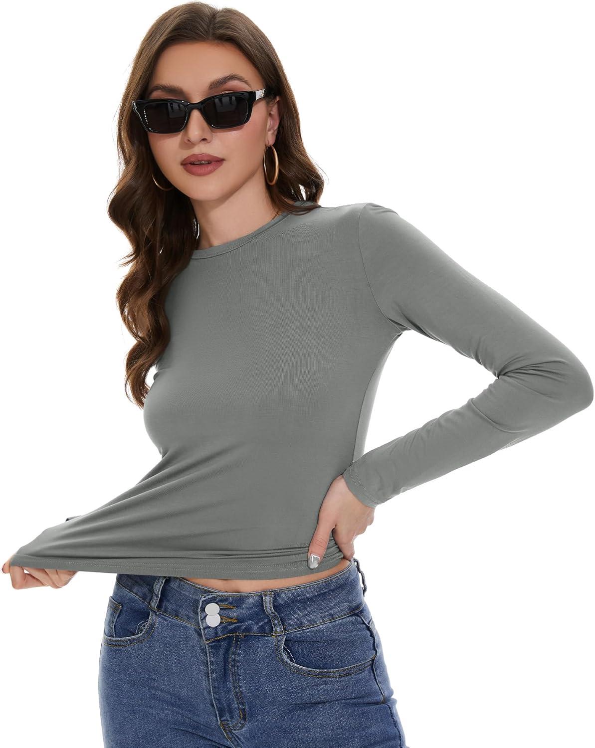 imageWomens Long Sleeve Shirts Basic Tees Y2k Slim Fit T Shirt Crew Neck Trendy Crop Top Casual03light Grey