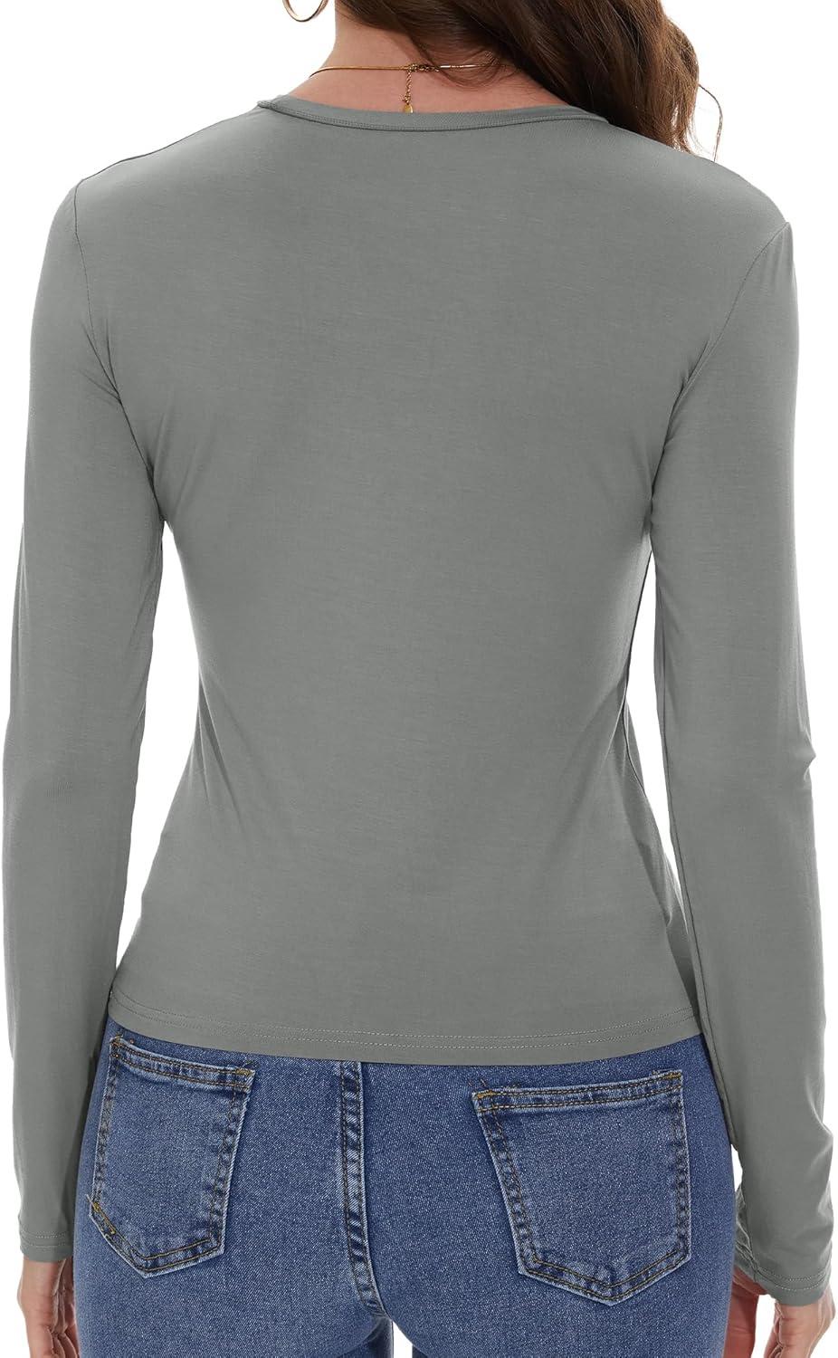 imageWomens Long Sleeve Shirts Basic Tees Y2k Slim Fit T Shirt Crew Neck Trendy Crop Top Casual03light Grey