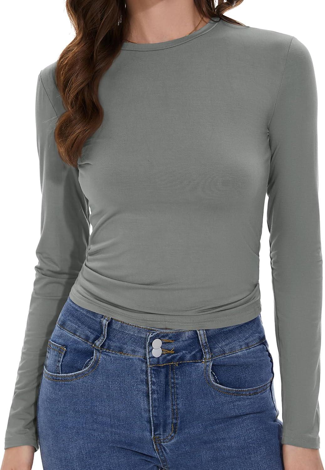 imageWomens Long Sleeve Shirts Basic Tees Y2k Slim Fit T Shirt Crew Neck Trendy Crop Top Casual03light Grey