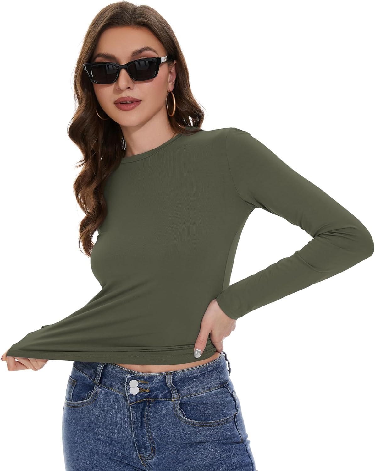 imageWomens Long Sleeve Shirts Basic Tees Y2k Slim Fit T Shirt Crew Neck Trendy Crop Top Casual04amry Green