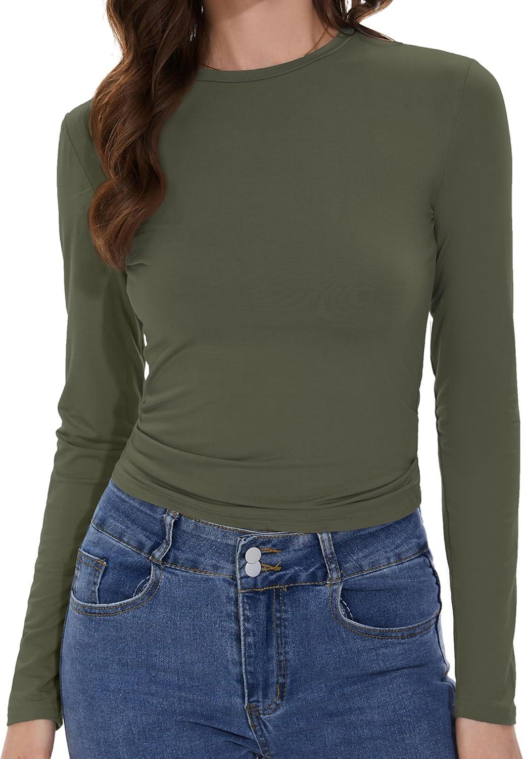 imageWomens Long Sleeve Shirts Basic Tees Y2k Slim Fit T Shirt Crew Neck Trendy Crop Top Casual04amry Green