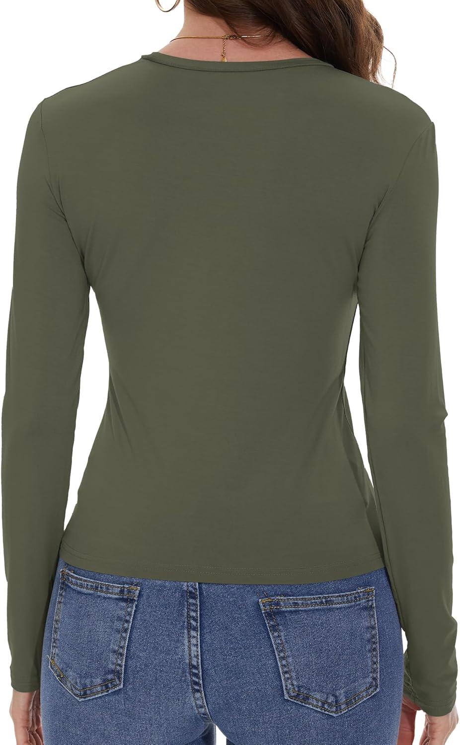 imageWomens Long Sleeve Shirts Basic Tees Y2k Slim Fit T Shirt Crew Neck Trendy Crop Top Casual04amry Green