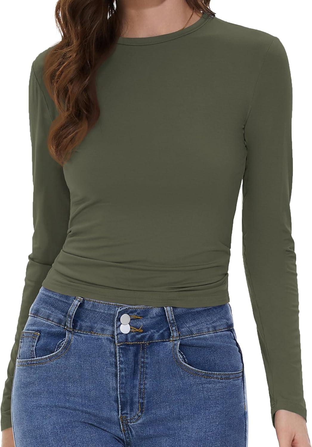 imageWomens Long Sleeve Shirts Basic Tees Y2k Slim Fit T Shirt Crew Neck Trendy Crop Top Casual04amry Green