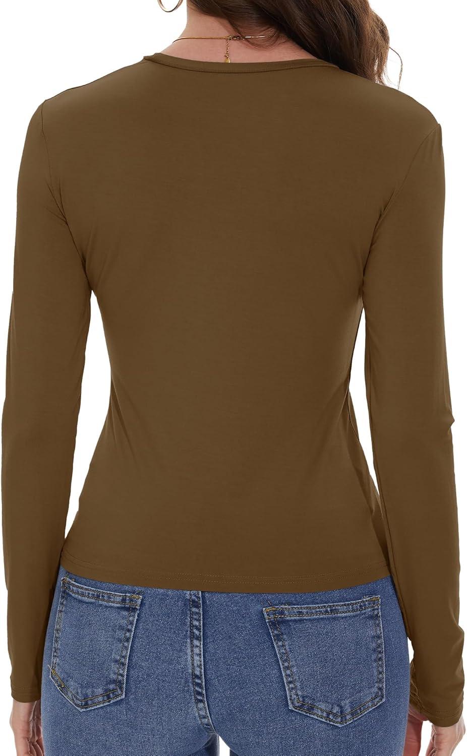 imageWomens Long Sleeve Shirts Basic Tees Y2k Slim Fit T Shirt Crew Neck Trendy Crop Top Casual04coffee