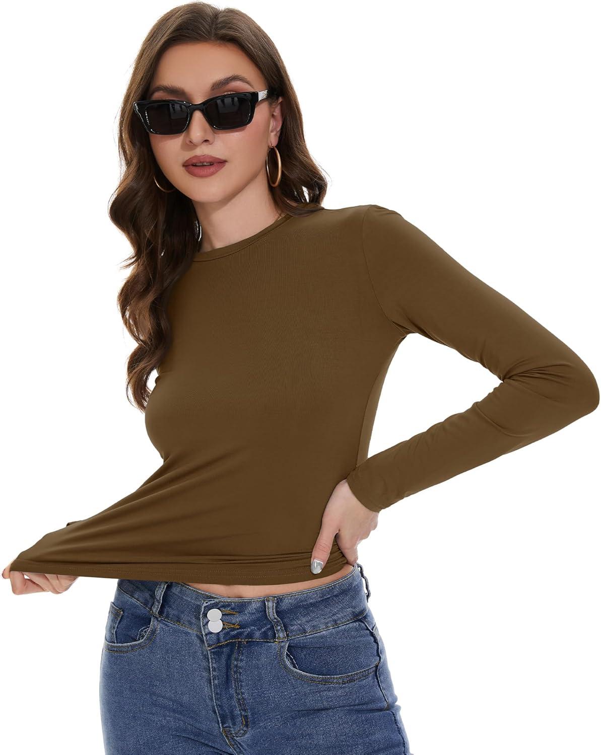imageWomens Long Sleeve Shirts Basic Tees Y2k Slim Fit T Shirt Crew Neck Trendy Crop Top Casual04coffee