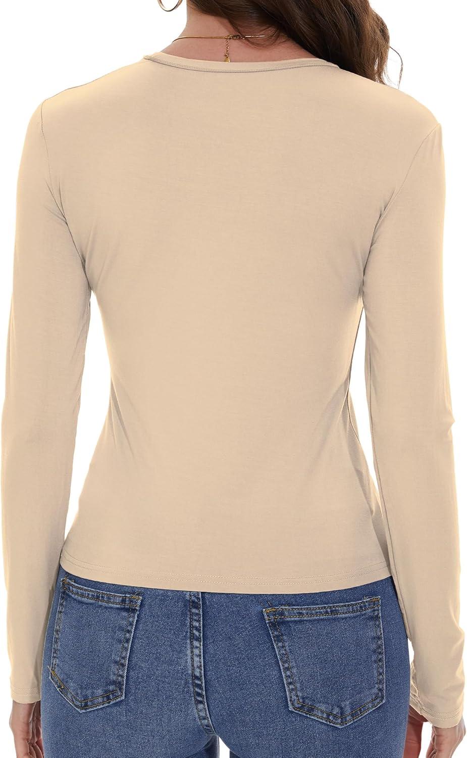 imageWomens Long Sleeve Shirts Basic Tees Y2k Slim Fit T Shirt Crew Neck Trendy Crop Top Casual04khaki
