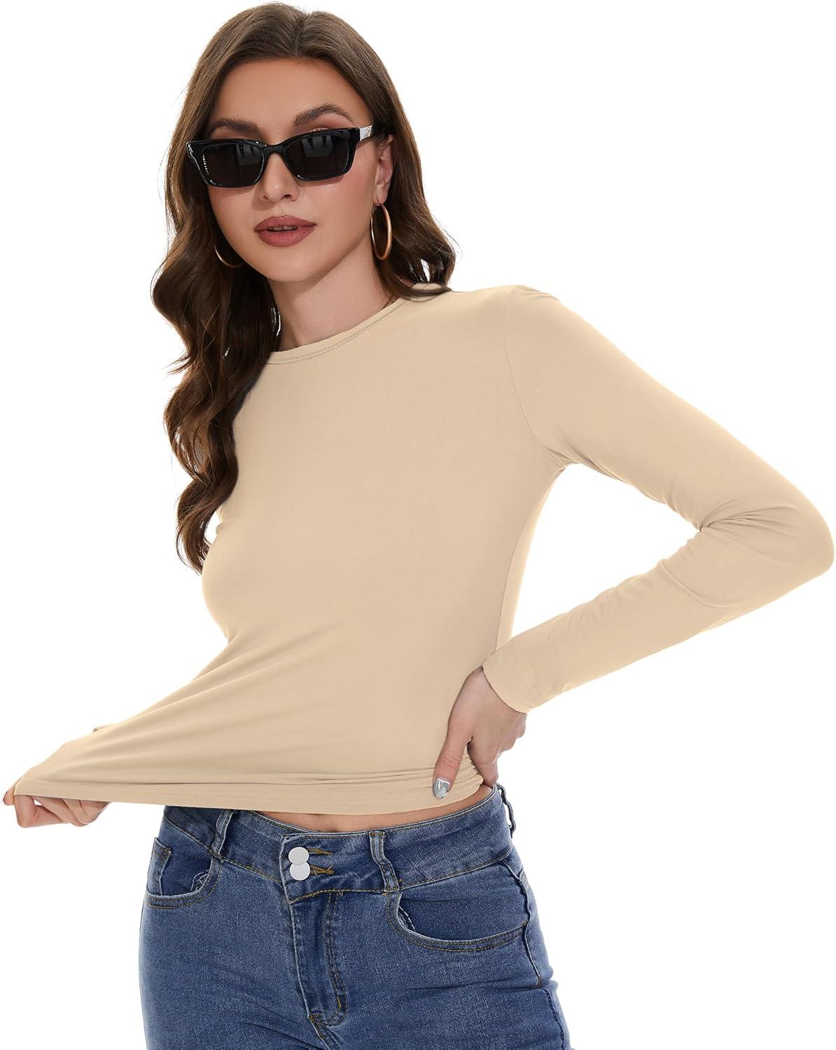 imageWomens Long Sleeve Shirts Basic Tees Y2k Slim Fit T Shirt Crew Neck Trendy Crop Top Casual04khaki