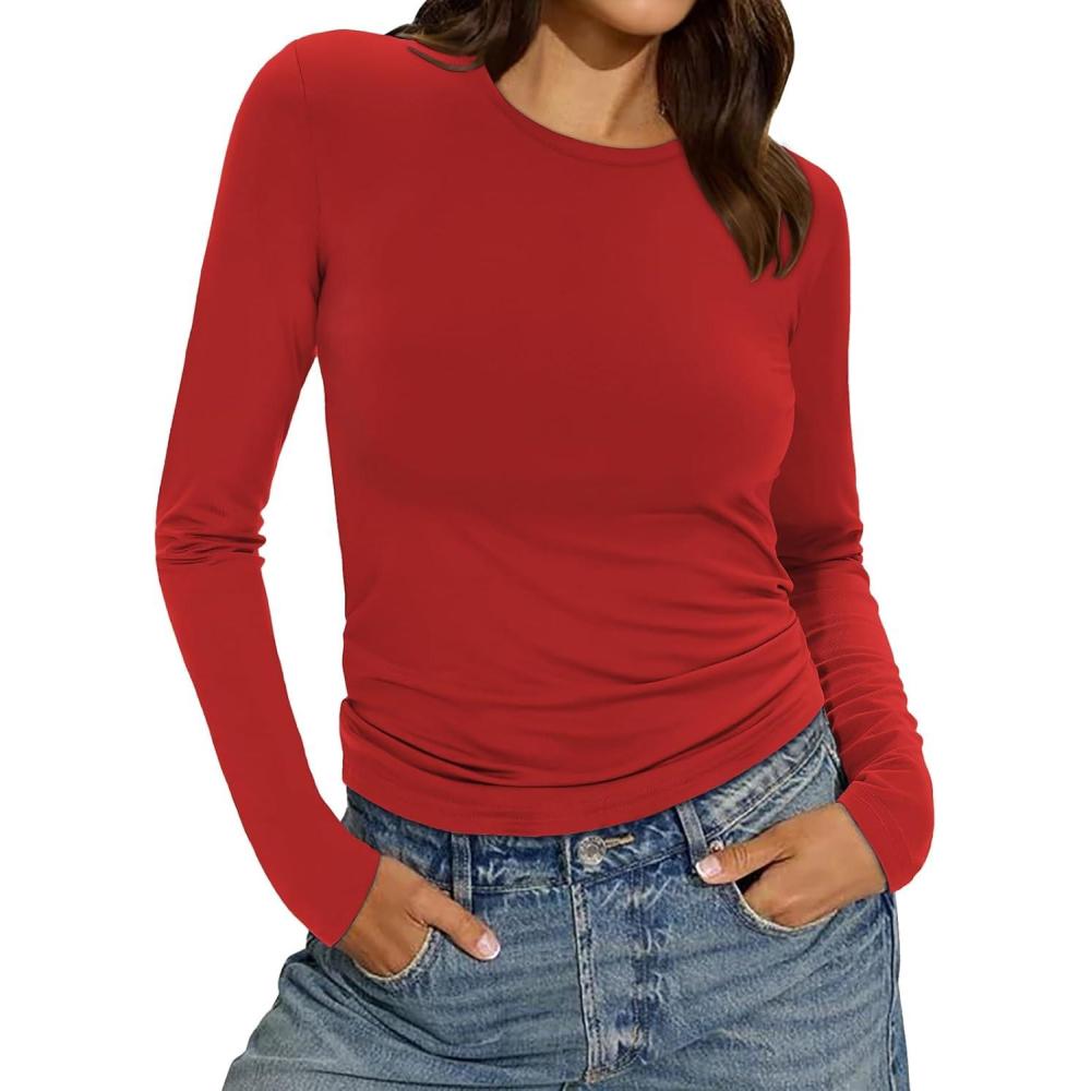 imageWomens Long Sleeve Shirts Basic Tees Y2k Slim Fit T Shirt Crew Neck Trendy Crop Top Casual02red
