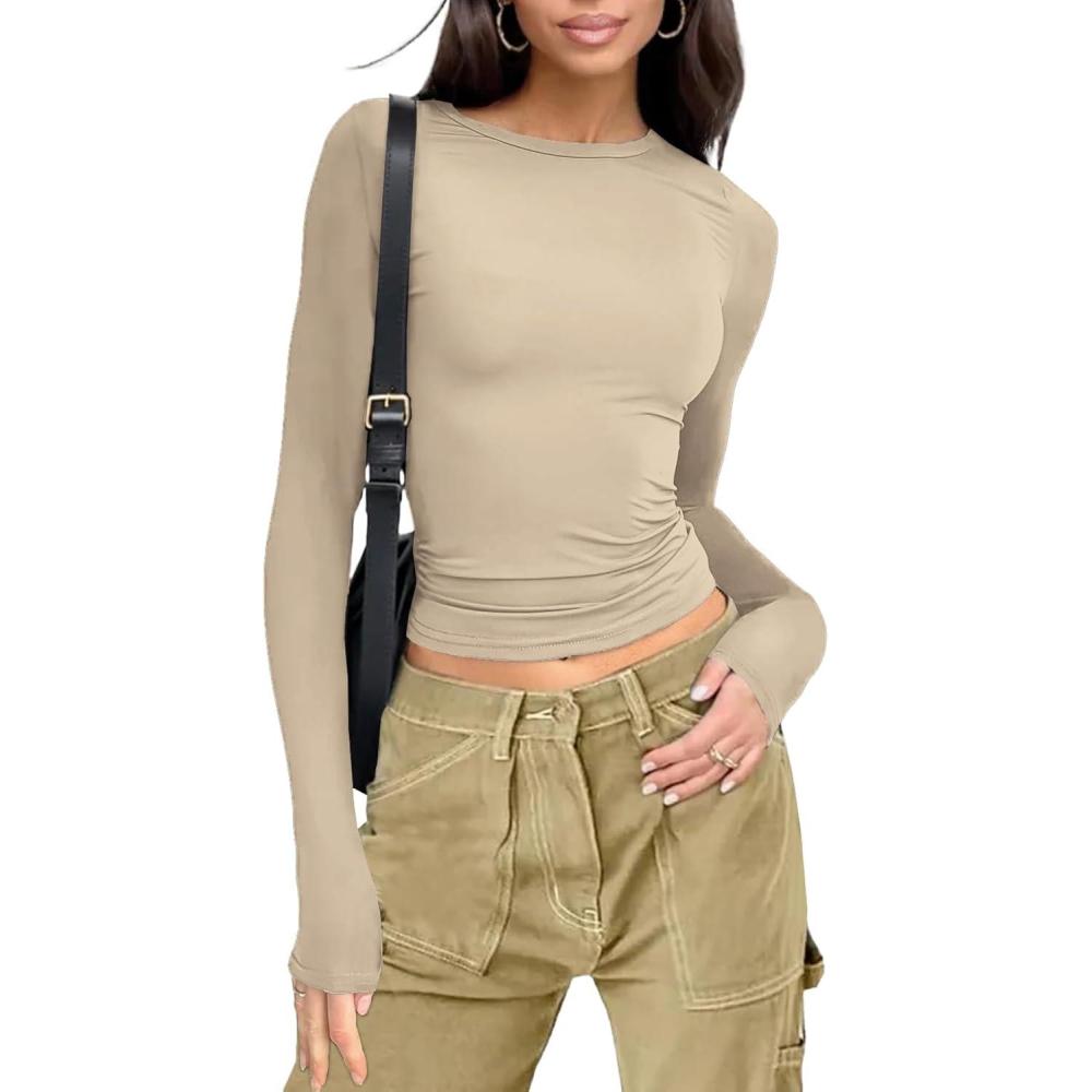 imageWomens Long Sleeve Shirts Basic Tees Y2k Slim Fit T Shirt Crew Neck Trendy Crop Top Casual04khaki