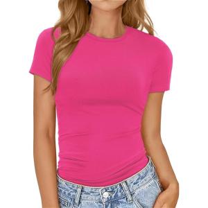 imageWomens Basic Tees Summer Short Sleeve Shirts Slim Fit Tight T Shirt Going Out Tops01hot Pink