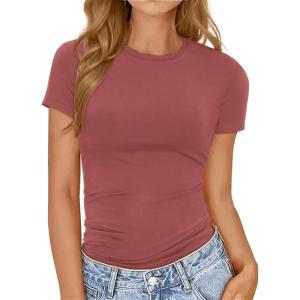 imageWomens Basic Tees Summer Short Sleeve Shirts Slim Fit Tight T Shirt Going Out Tops01marsala