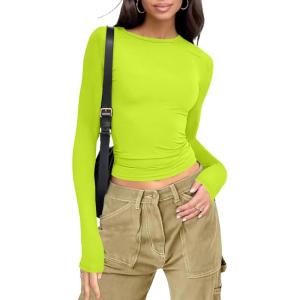 imageWomens Long Sleeve Shirts Basic Tees Y2k Slim Fit T Shirt Crew Neck Trendy Crop Top Casual02neon Green