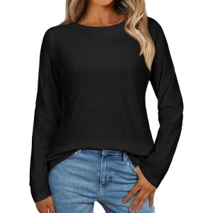 imageCHICGAL Women Long Sleeve Shirts Casual Fall Tees Crew Neck Basic Tunic TopsA Black