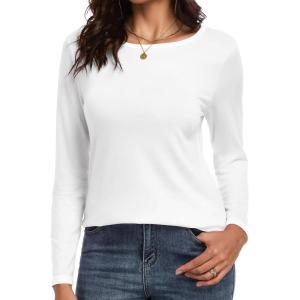 imageCHICGAL Women Long Sleeve Shirts Casual Fall Tees Crew Neck Basic Tunic TopsA White
