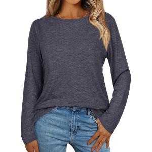imageCHICGAL Women Long Sleeve Shirts Casual Fall Tees Crew Neck Basic Tunic TopsBlack Grey