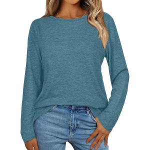 imageCHICGAL Women Long Sleeve Shirts Casual Fall Tees Crew Neck Basic Tunic TopsBlue Green