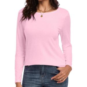 imageCHICGAL Women Long Sleeve Shirts Casual Fall Tees Crew Neck Basic Tunic TopsPink