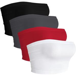 image4 Pieces Tube Top Strapless Tops for Women Summer Bandeau Basic Crop Tops Sleeveless ShirtBlack deep Grey red white