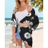 imageWomens Floral Print Puff Sleeve Kimono Cardigan Loose Cover Up Casual Blouse TopsBlack White Flowers