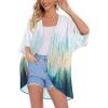 imageWomens Floral Print Puff Sleeve Kimono Cardigan Loose Cover Up Casual Blouse TopsGreen Orange Stripe