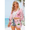 imageWomens Floral Print Puff Sleeve Kimono Cardigan Loose Cover Up Casual Blouse TopsPink Flower