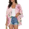 imageWomens Floral Print Puff Sleeve Kimono Cardigan Loose Cover Up Casual Blouse TopsPink Flower