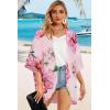 imageWomens Floral Print Puff Sleeve Kimono Cardigan Loose Cover Up Casual Blouse TopsPink Flower