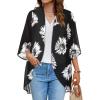 imageWomens Floral Print Puff Sleeve Kimono Cardigan Loose Cover Up Casual Blouse TopsBlack White Flowers
