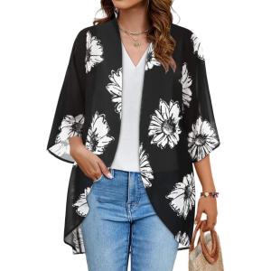 imageWomens Floral Print Puff Sleeve Kimono Cardigan Loose Cover Up Casual Blouse TopsBlack White Flowers