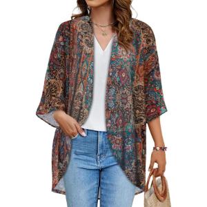imageWomens Floral Print Puff Sleeve Kimono Cardigan Loose Cover Up Casual Blouse TopsBohemia Print