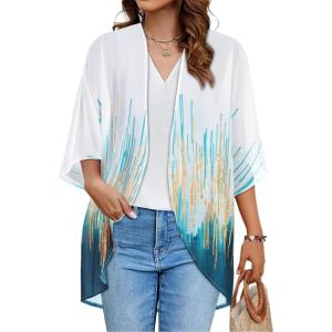 imageWomens Floral Print Puff Sleeve Kimono Cardigan Loose Cover Up Casual Blouse TopsGreen Orange Stripe