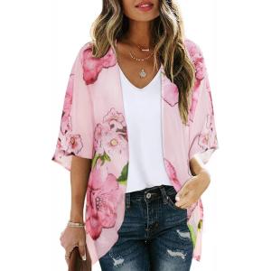 imageWomens Floral Print Puff Sleeve Kimono Cardigan Loose Cover Up Casual Blouse TopsPink Flower