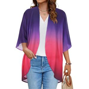 imageWomens Floral Print Puff Sleeve Kimono Cardigan Loose Cover Up Casual Blouse TopsPurple Peach Gradient