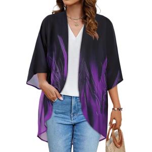 imageWomens Floral Print Puff Sleeve Kimono Cardigan Loose Cover Up Casual Blouse TopsTurbo Purple Black