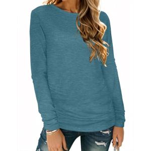 imageCHICGAL Women Long Sleeve Shirts Casual Fall Tees Crew Neck Basic Tunic TopsBlue Green