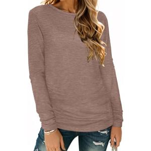 imageCHICGAL Women Long Sleeve Shirts Casual Fall Tees Crew Neck Basic Tunic TopsCoffee