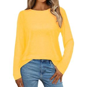 imageCHICGAL Women Long Sleeve Shirts Casual Fall Tees Crew Neck Basic Tunic TopsLight Yellow