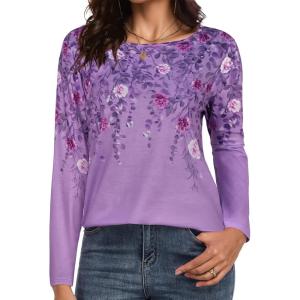 imageCHICGAL Women Long Sleeve Shirts Casual Fall Tees Crew Neck Basic Tunic TopsPurple Floral