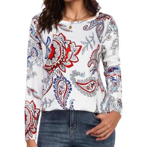 imageCHICGAL Women Long Sleeve Shirts Casual Fall Tees Crew Neck Basic Tunic TopsWhite Paisley