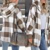imageCHICGAL Womens Fuzzy Jacket Hooded Cardigan Open Front Sherpa Coat Outwear with PocketsBrown White Checkered