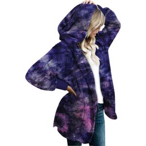 imageCHICGAL Womens Fuzzy Jacket Hooded Cardigan Open Front Sherpa Coat Outwear with PocketsBlue Purple Tie Dye