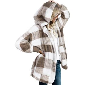 imageCHICGAL Womens Fuzzy Jacket Hooded Cardigan Open Front Sherpa Coat Outwear with PocketsBrown White Checkered