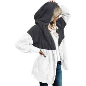 imageCHICGAL Womens Fuzzy Jacket Hooded Cardigan Open Front Sherpa Coat Outwear with PocketsGray White
