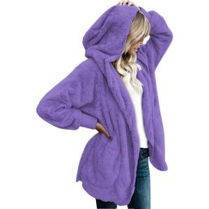 imageCHICGAL Womens Fuzzy Jacket Hooded Cardigan Open Front Sherpa Coat Outwear with PocketsPurple